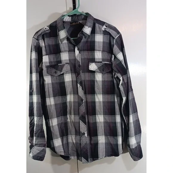 Helix Button Up Shirt Mens Purple Long Sleeve Plaid Size Large Y2k Skater Grunge - Picture 2 of 11
